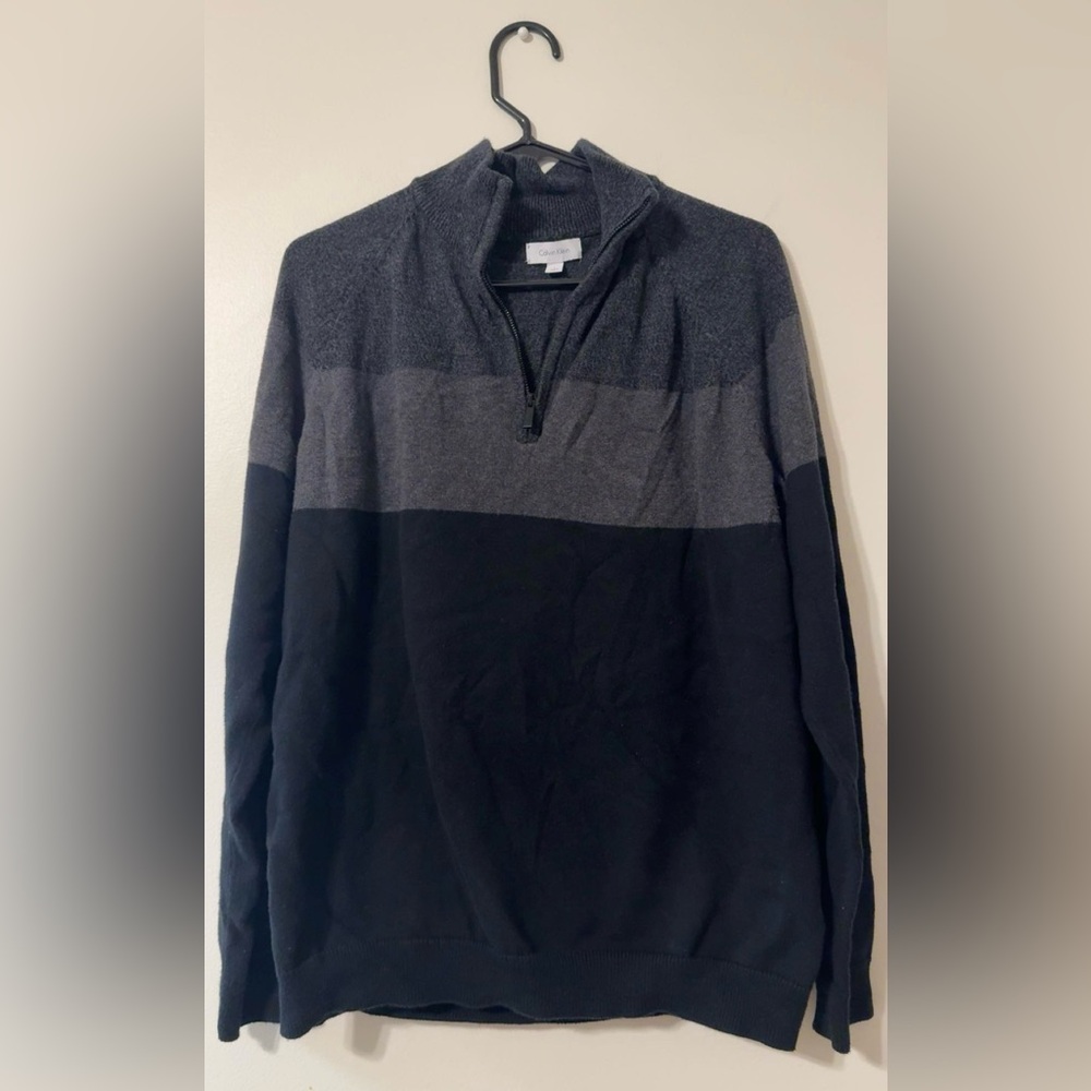 Calvin Klein Men’s Large Black Gray Color Block Quarter Zip Pullover Sweater
